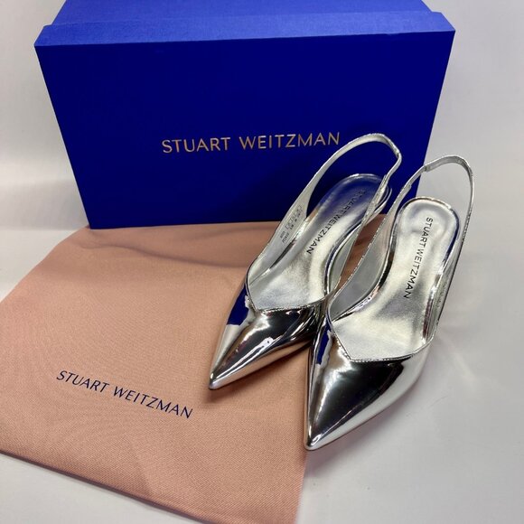 Stuart Weitzman Eva 50 Slingback Size 5.5B Silver Patent Kitten Heel Pumps - Picture 1 of 16